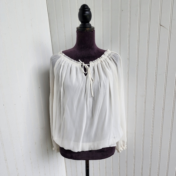 Express Shirt Top Blouse Womens  Ivory Long Sleeve Sheer Tie Neck Sz S - Picture 1 of 11